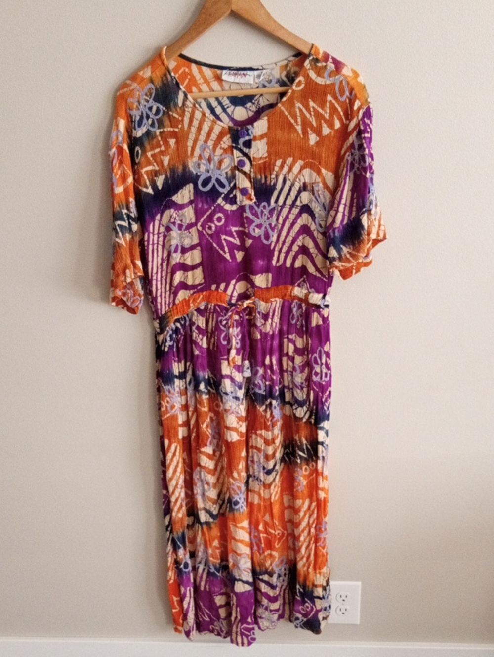 Vtg 80s Boho Tie-Dye Maxi Dress Size Medium Festival Beach Art Fair